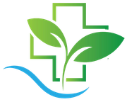 Green cross logo with leaves, blue wave. Medical, natural health concept.