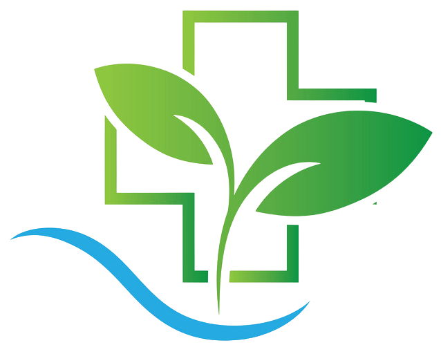 Green cross logo with leaves, blue wave. Medical, natural health concept.