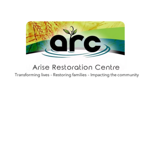 Logo of Arise Restoration Centre, featuring “arc” in bold text over a background with leaves, grain, and green/blue.