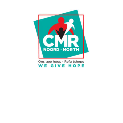 CMR Noord-North logo with red, black, and white figures. Teal and red squares with text "We Give Hope".
