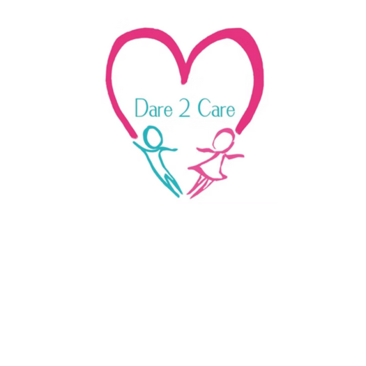 Logo with pink heart framing two stick figures, teal and pink, text "Dare 2 Care".