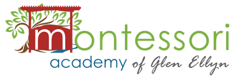 Logo for Montessori Academy of Glen Ellyn, green and red colors, a stylized tree and pergola shape with