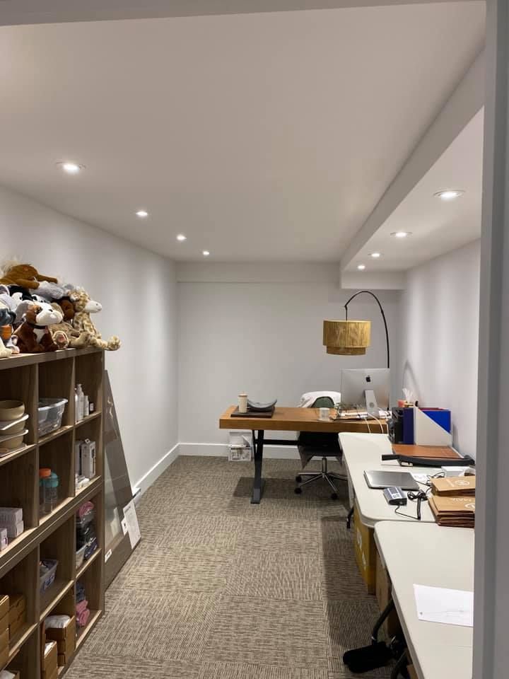 Office with desk, shelves, and beige carpet. Recessed lighting.
