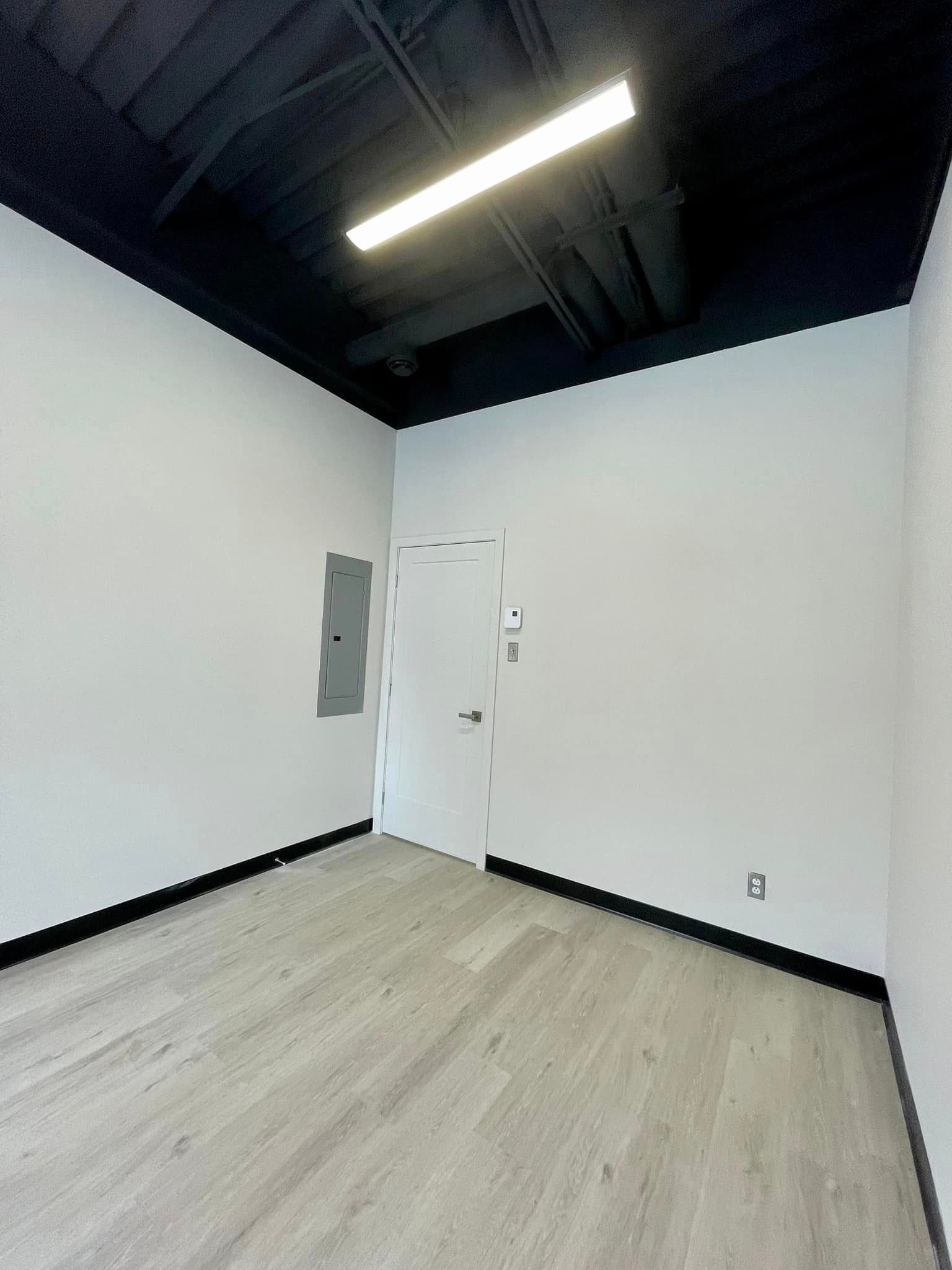 Empty room with light wood floor, white walls, and a black ceiling with a fluorescent light. Door is visible.