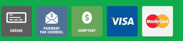 Payment options: check, payment by mail, cash, Visa, and Mastercard icons.