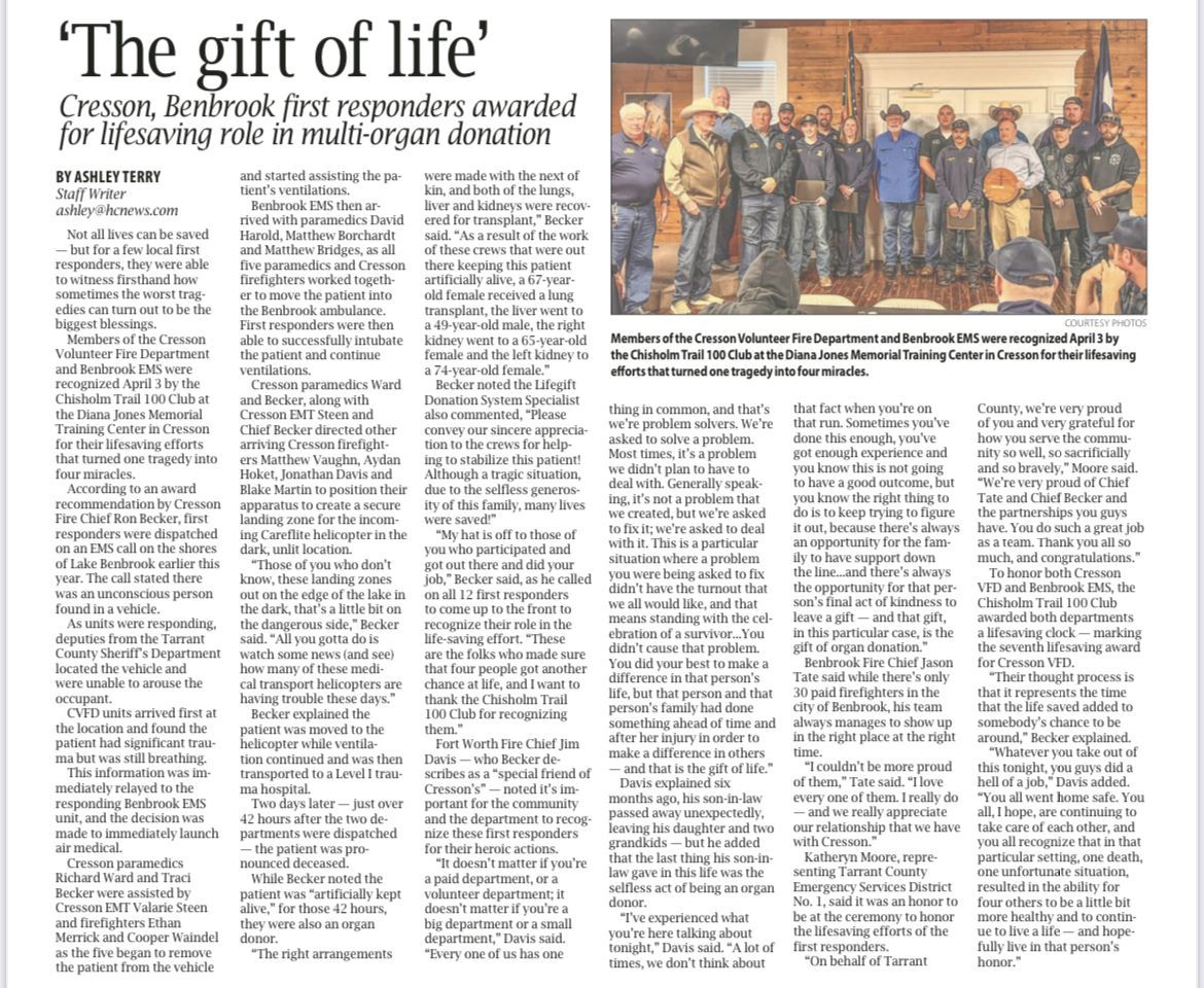 A newspaper article about the gift of life