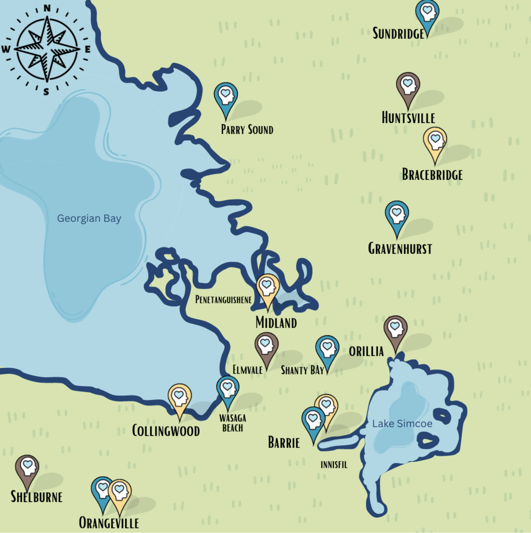 A map of a lake with a compass on it, showing regions care is provided