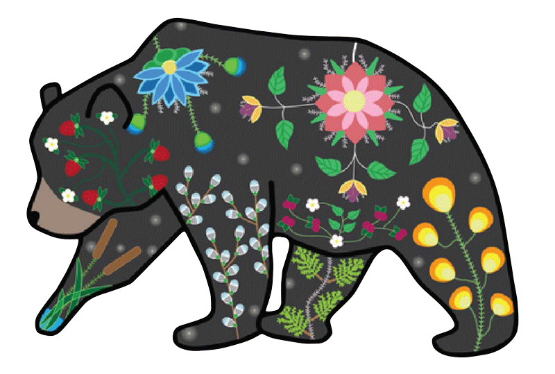 un ours noir avec des fleurs et des feuilles sur son corps