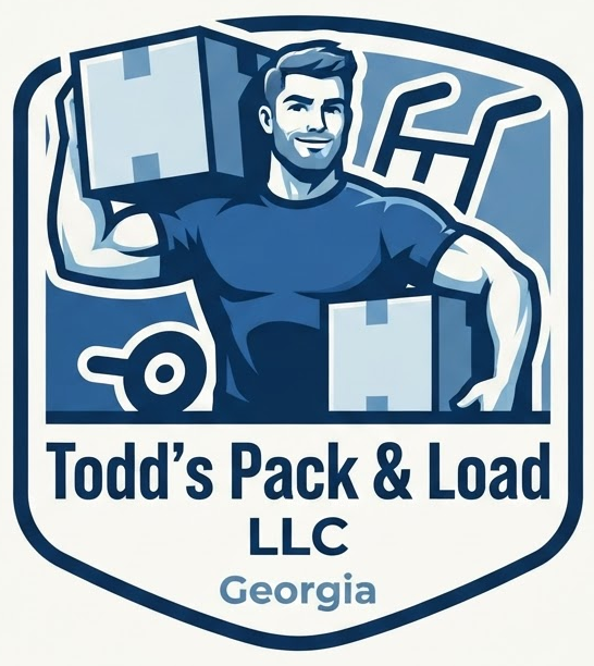 Todd’s Pack & Load LLC logo with mover carrying boxes in blue and white, Georgia