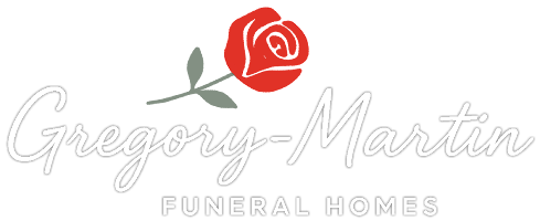 Gregory-Martin Funeral Homes logo with red rose and gray script text