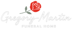 Logo for Gregory-Martin Funeral Homes, with a red rose and text in a script font.