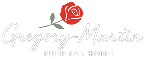 Logo for Gregory-Martin Funeral Homes, with a red rose and text in a script font.