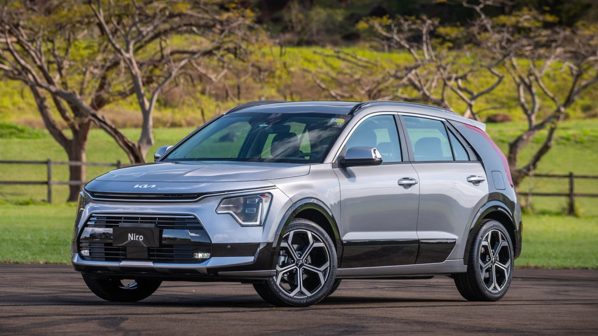 Silver SUV parked on a road with green hills and trees in the background.