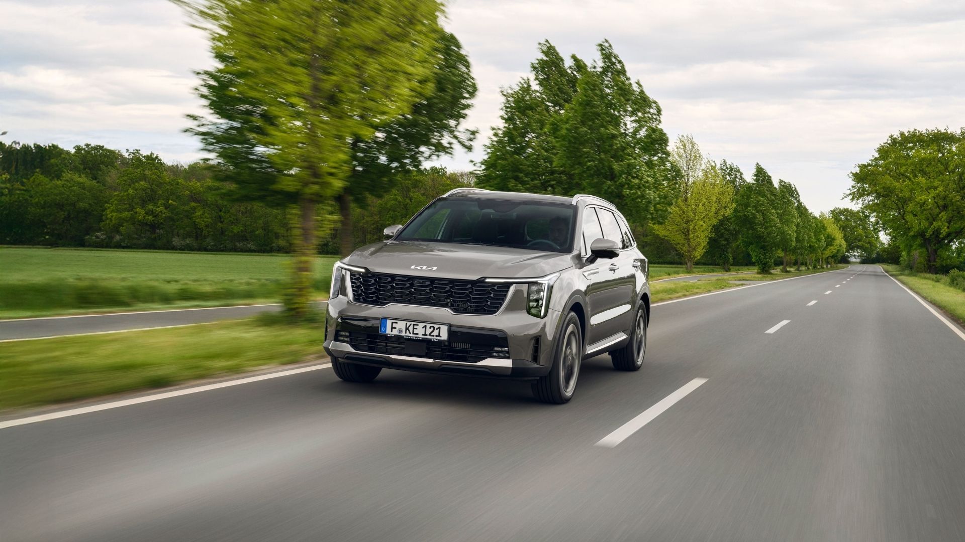 Silver SUV driving on a tree-lined road on a cloudy day
