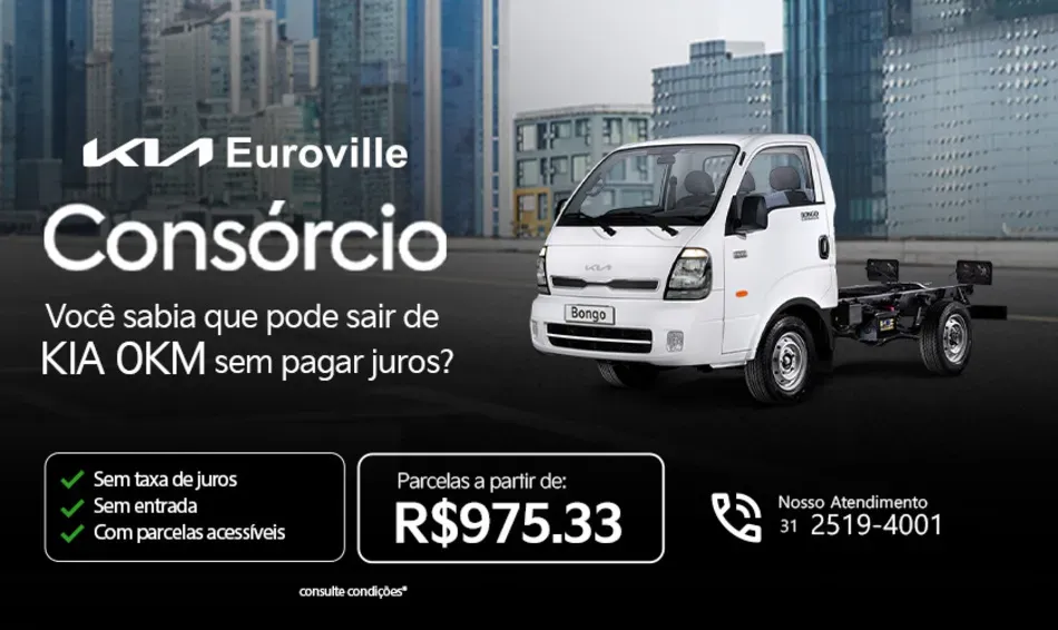 Anúncio do Kia Euroville Consórcio com chassi de caminhão branco, preço R$ 975,33 e horizonte da cidade ao fundo.