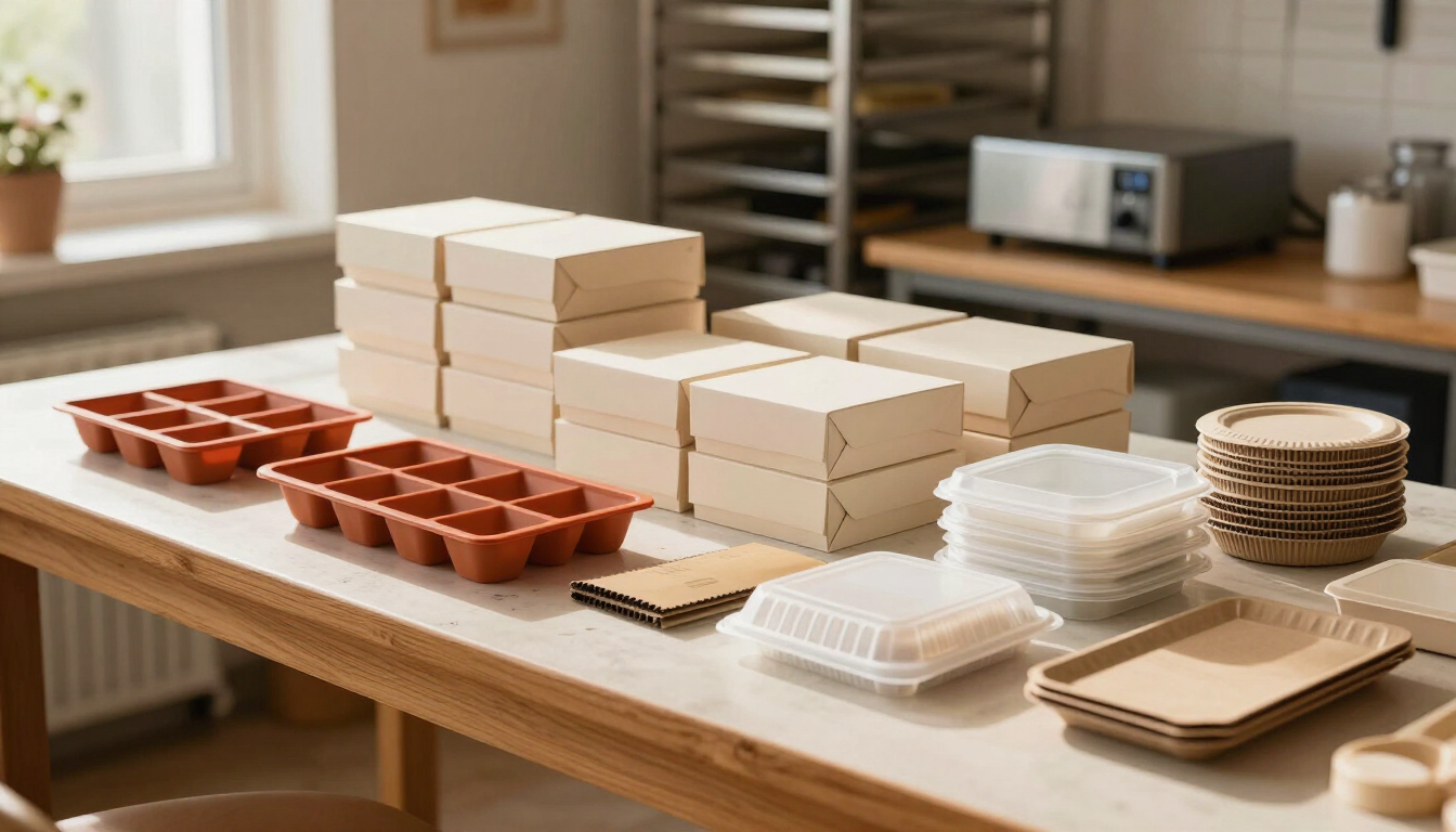 Insumos de repostería, moldes, cajas y descartables organizados