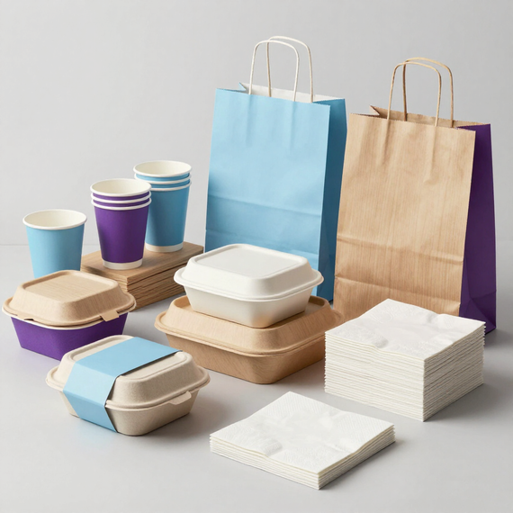 Envases para comida para llevar, vasos de papel, servilletas y bolsas de compra ecológicos, con iluminación neutra de estudio