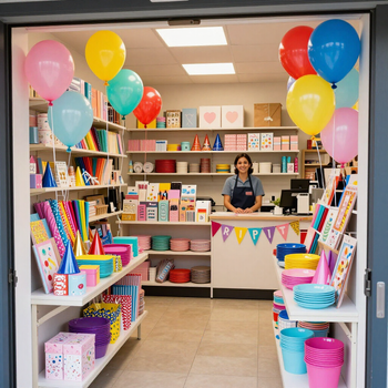 Una tienda luminosa con temática de fiestas, globos, artículos de papelería coloridos y una mujer detrás del mostrador
