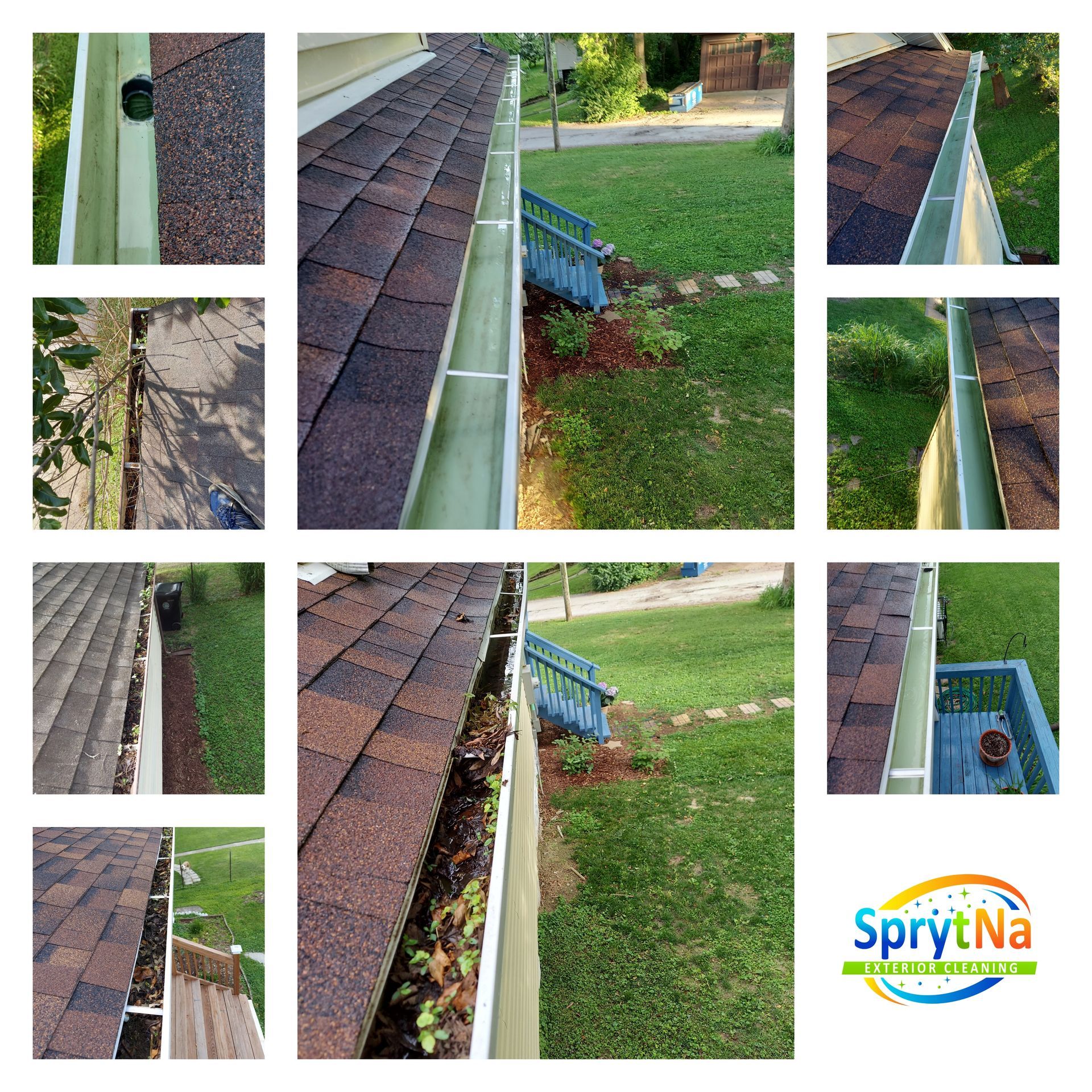 SprytNa Exterior Cleaning: Belleville gutter cleaning before and after. Including downspout flushing for a clear system.