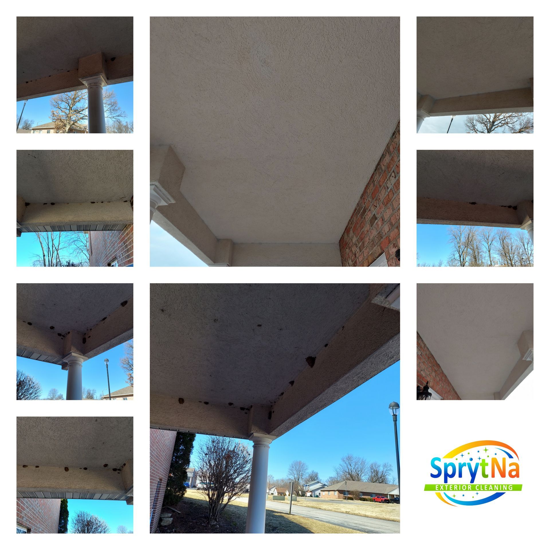Before and after mud dauber removal in O'Fallon. Professional cleaning and expert paint touch-ups by SprytNa Exterior.