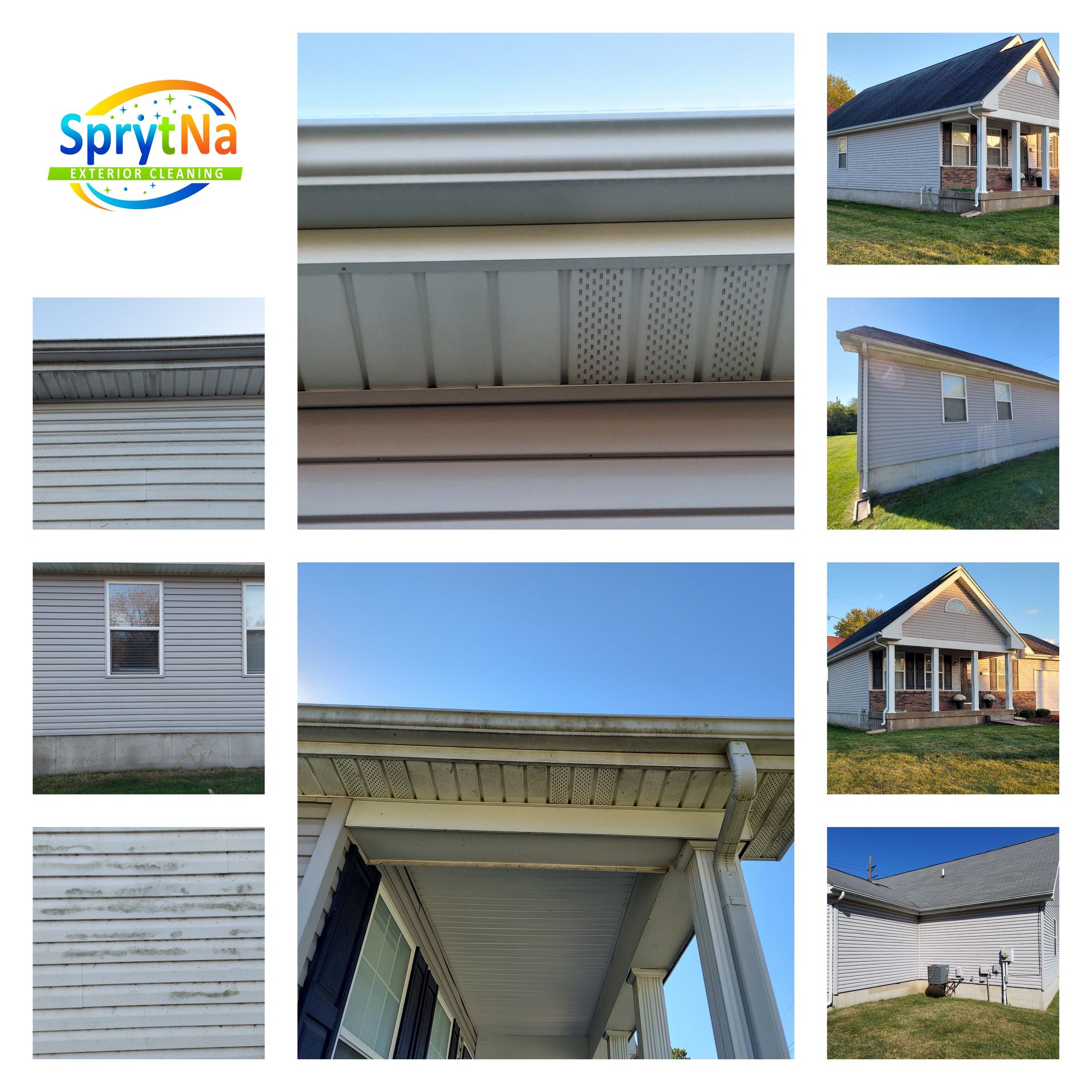 Before and after gutter oxidation removal in East Saint Louis, IL. Restoring chalky gutters to a like-new finish by SprytNa.