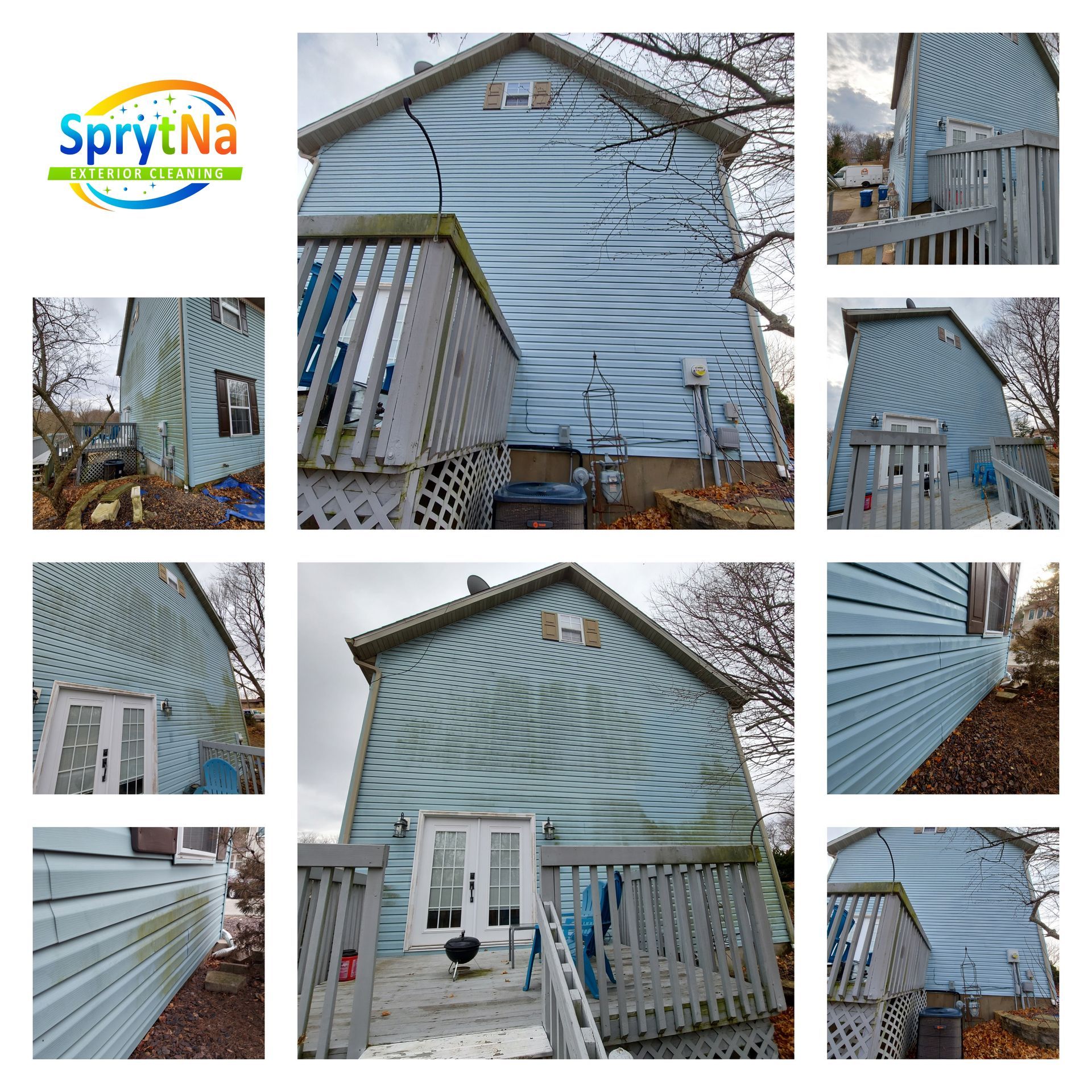 Before and after 2-story house soft wash in Metro East, IL. SprytNa Exterior removing heavy green algae from vinyl siding.