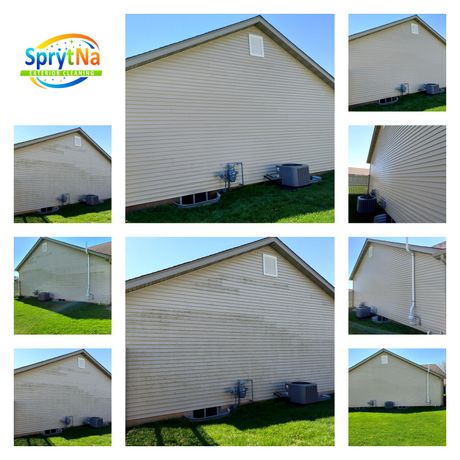 Before and after 1-story house soft washing in Belleville, IL. Professional siding cleaning by SprytNa Exterior.