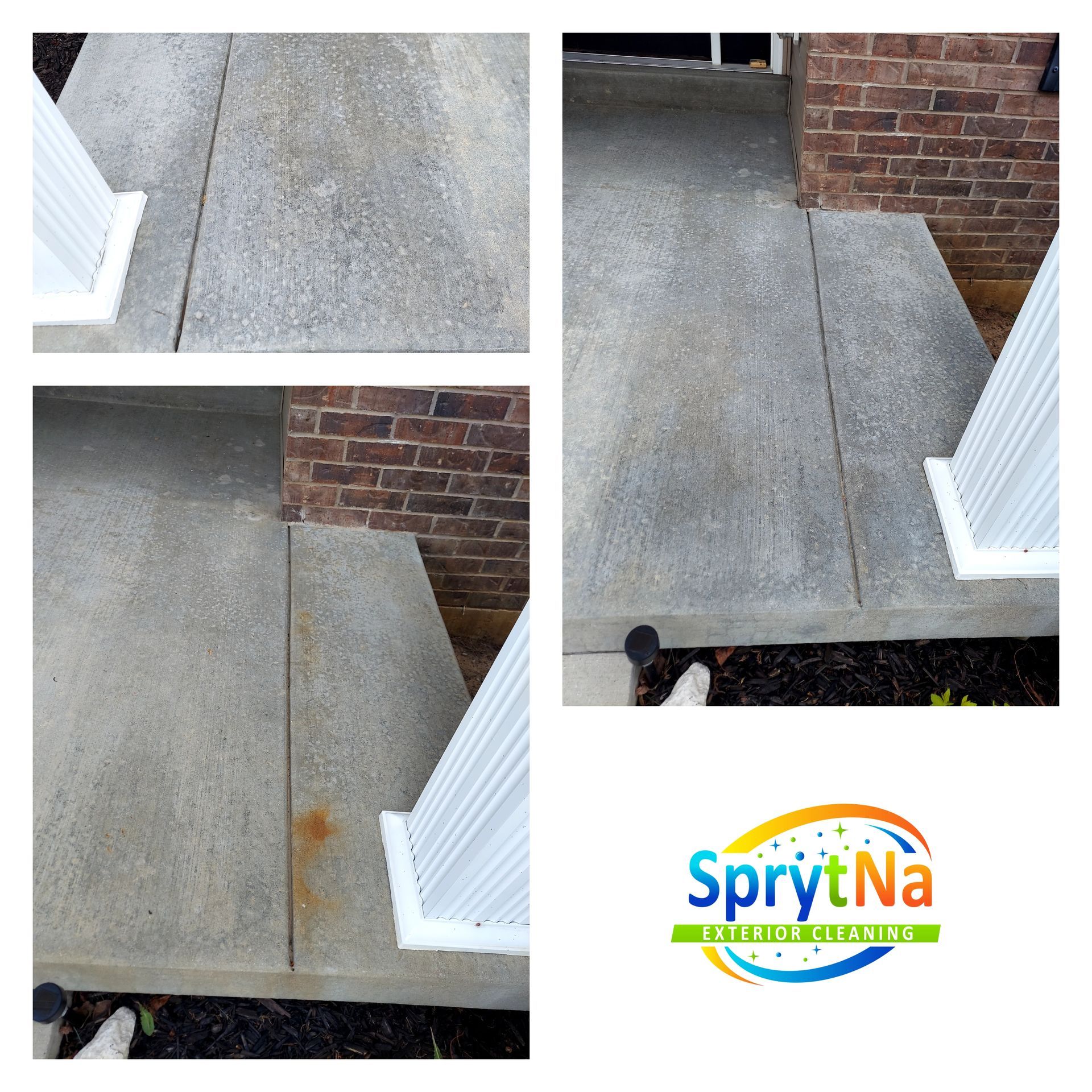 Before professional concrete porch cleaning in Shiloh. SprytNa Exterior restoring residential concrete surfaces.