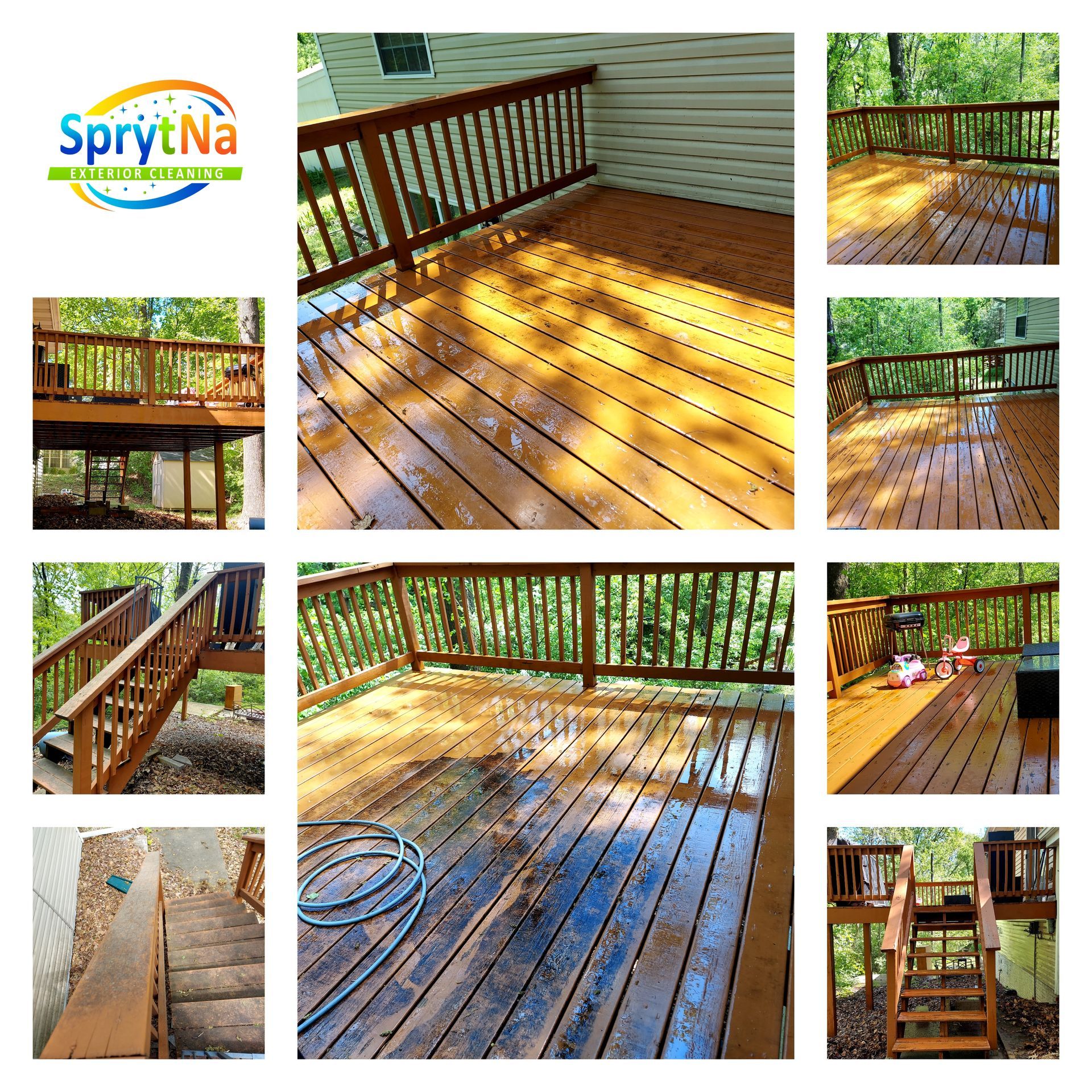 Professional wood deck cleaning in Belleville, IL. Removing algae and lichen safely for stain prep by SprytNa Exterior.