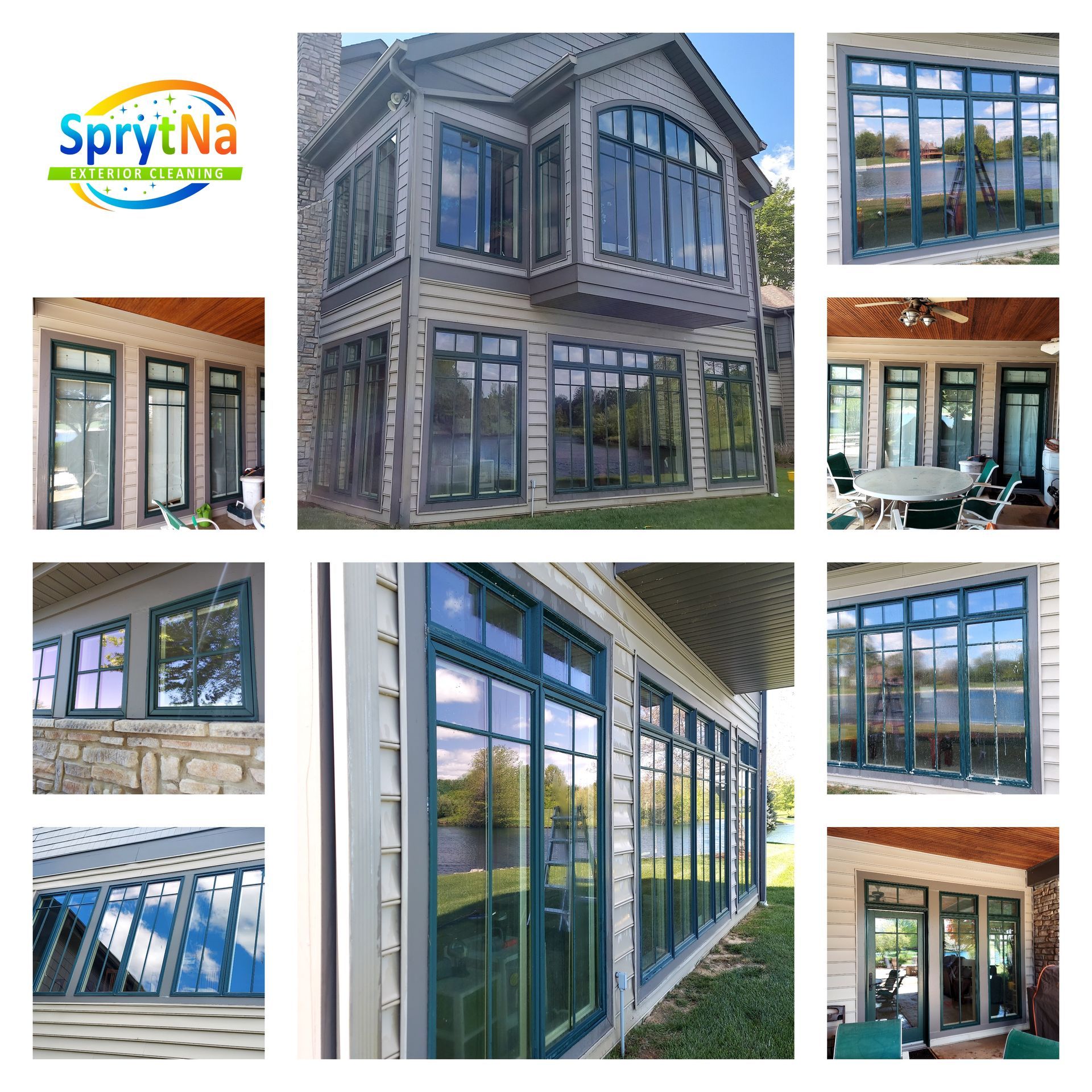Exterior window cleaning in Belleville, IL. SprytNa using pure water reach poles to safely clean high windows and frames.