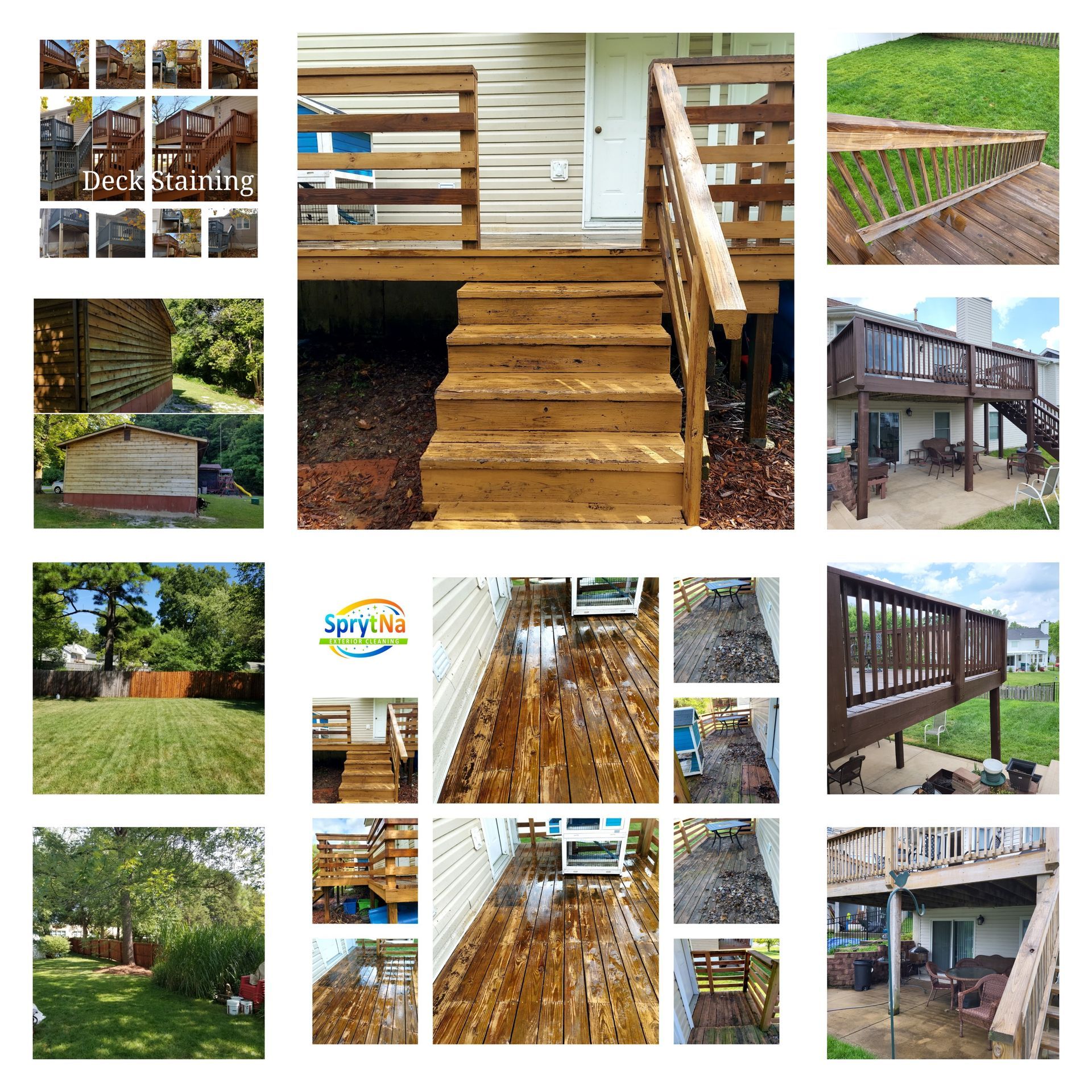 Professional deck cleaning and wood staining gallery. SprytNa Exterior: Multiple restoration projects in IL and MO.