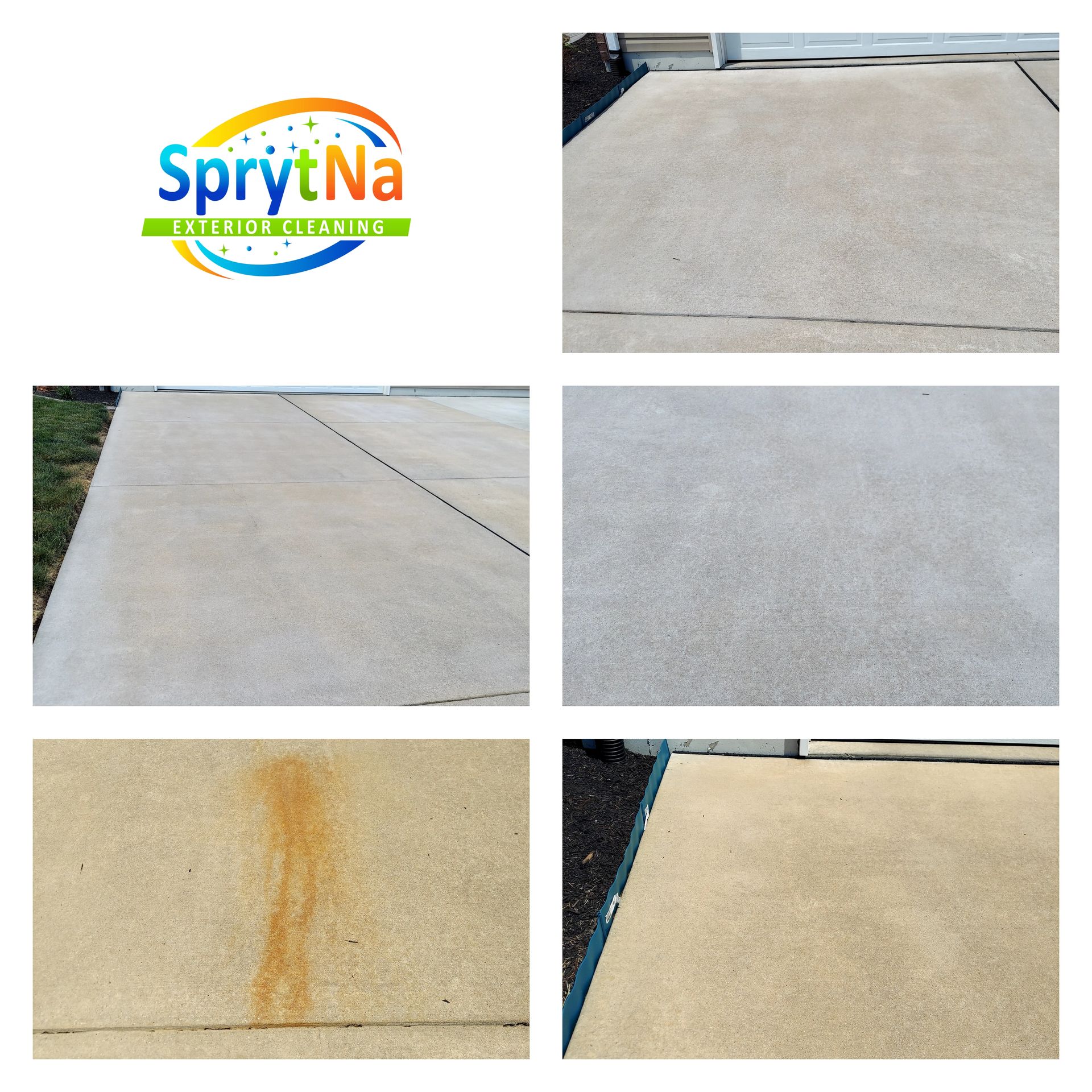 Orange battery acid removal in Belleville, IL. SprytNa Exterior using specialized cleaners to lift deep concrete rust stains.