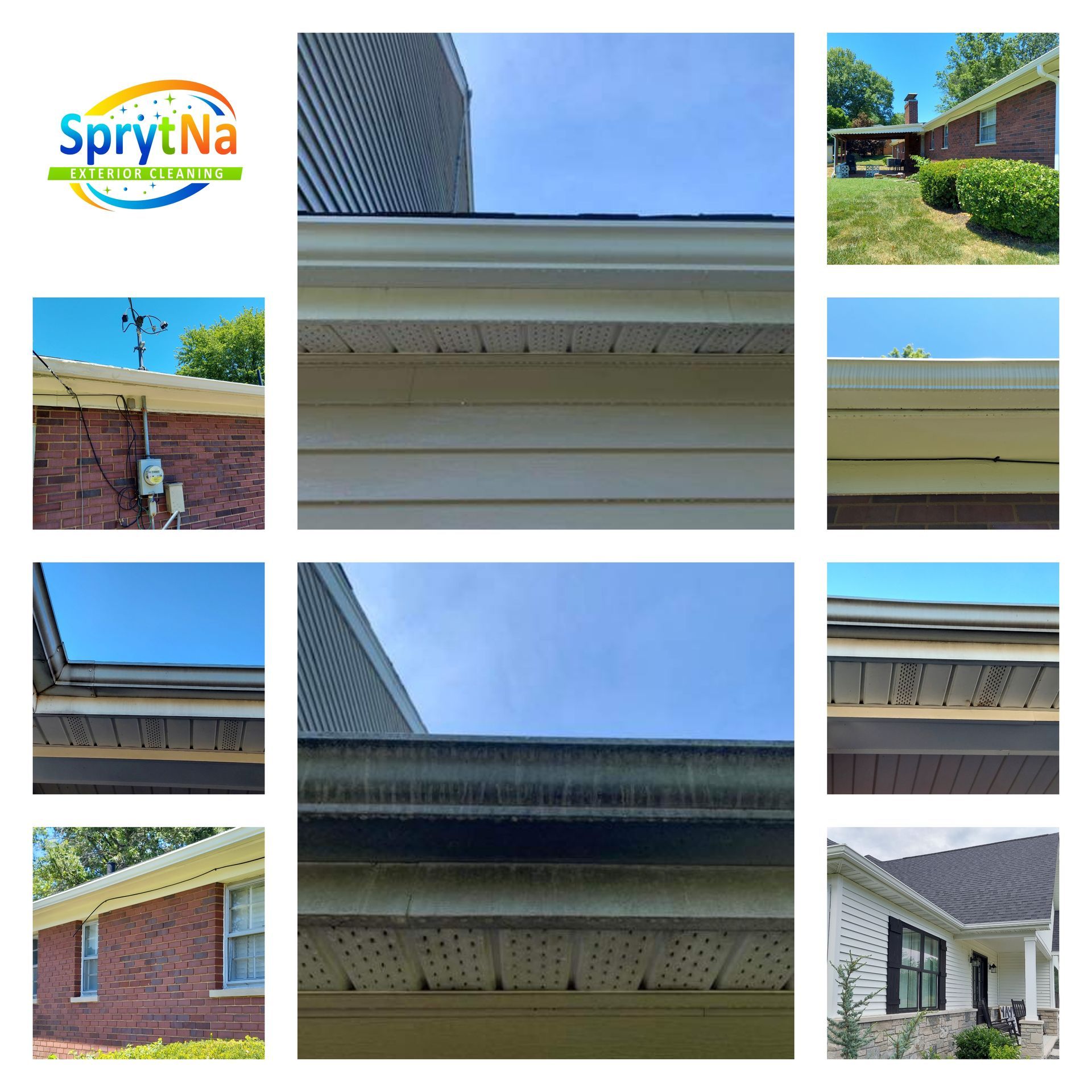 Before and after gutter brightening in Belleville. SprytNa restoring stained gutters to a bright white finish.