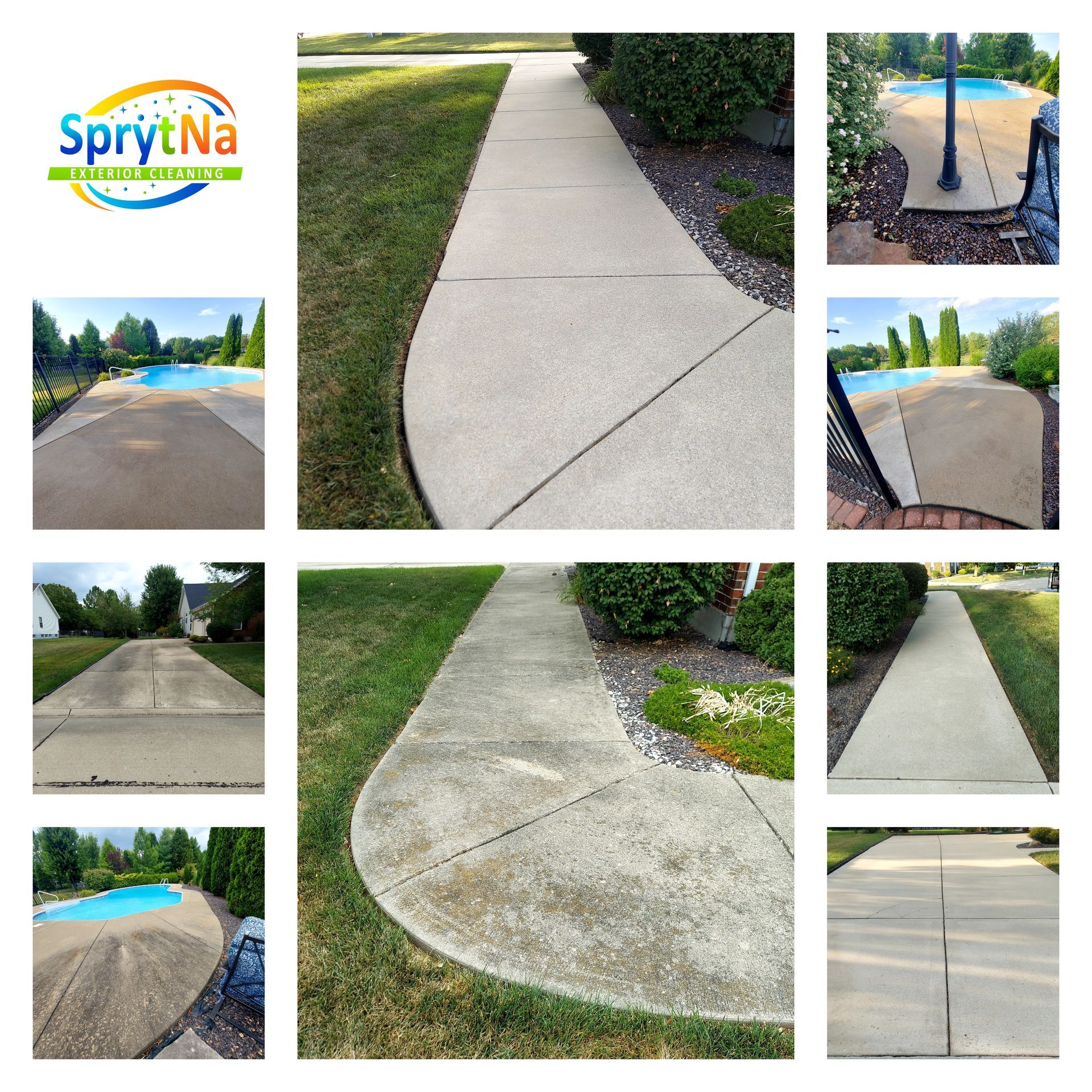Pool deck and sidewalk pressure washing in Belleville, IL. SprytNa Exterior removing slippery algae and dirt from concrete.