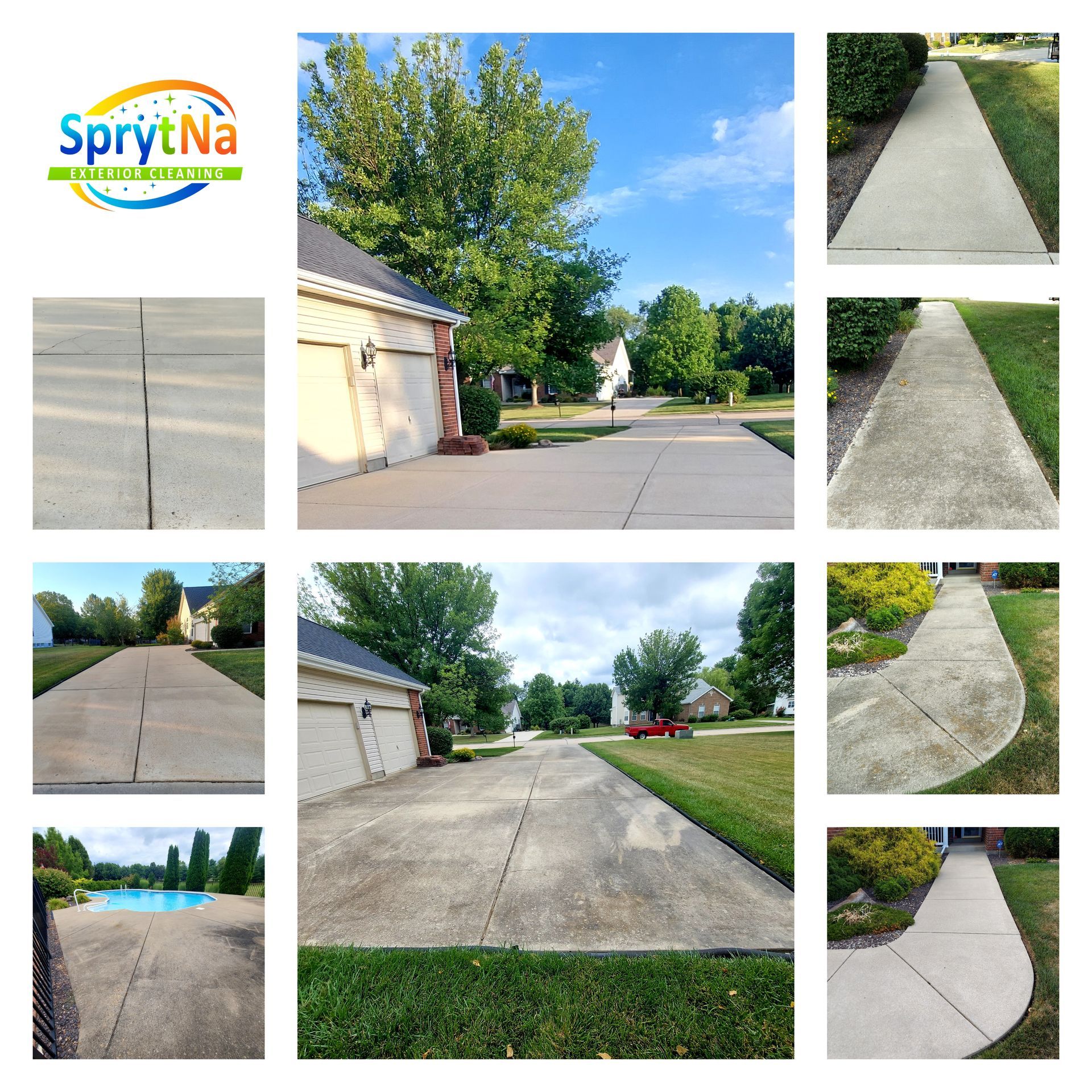 Before and after sidewalk and driveway pressure washing in Belleville, IL. SprytNa Exterior removing years of dirt and algae.