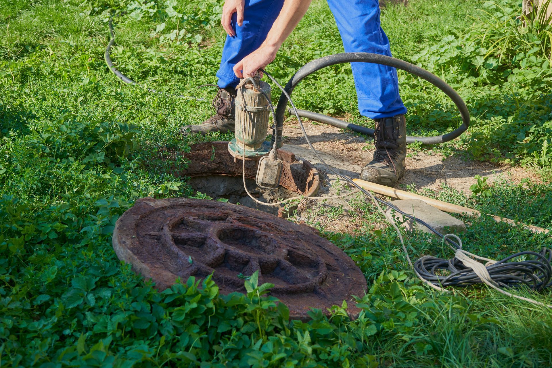 Worker lowering a submersible pump into an open manhole in a grassy area using a hose and cable. Worker lowering a submersible pump into an open manhole in a grassy area using a hose and cable.