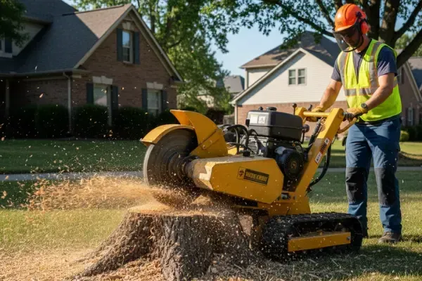 A man operating a stump grinder in Oahu, HI, on a tree stump in a residential yard. Sawdust flying.