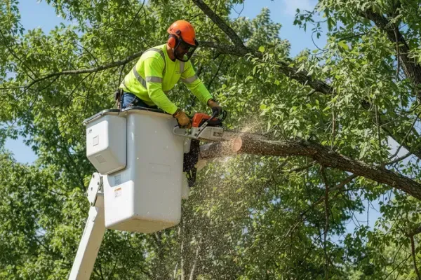 An arborist in Oahu, HI in a lift bucket, cuts a tree branch with a chainsaw. He wears safety gear.