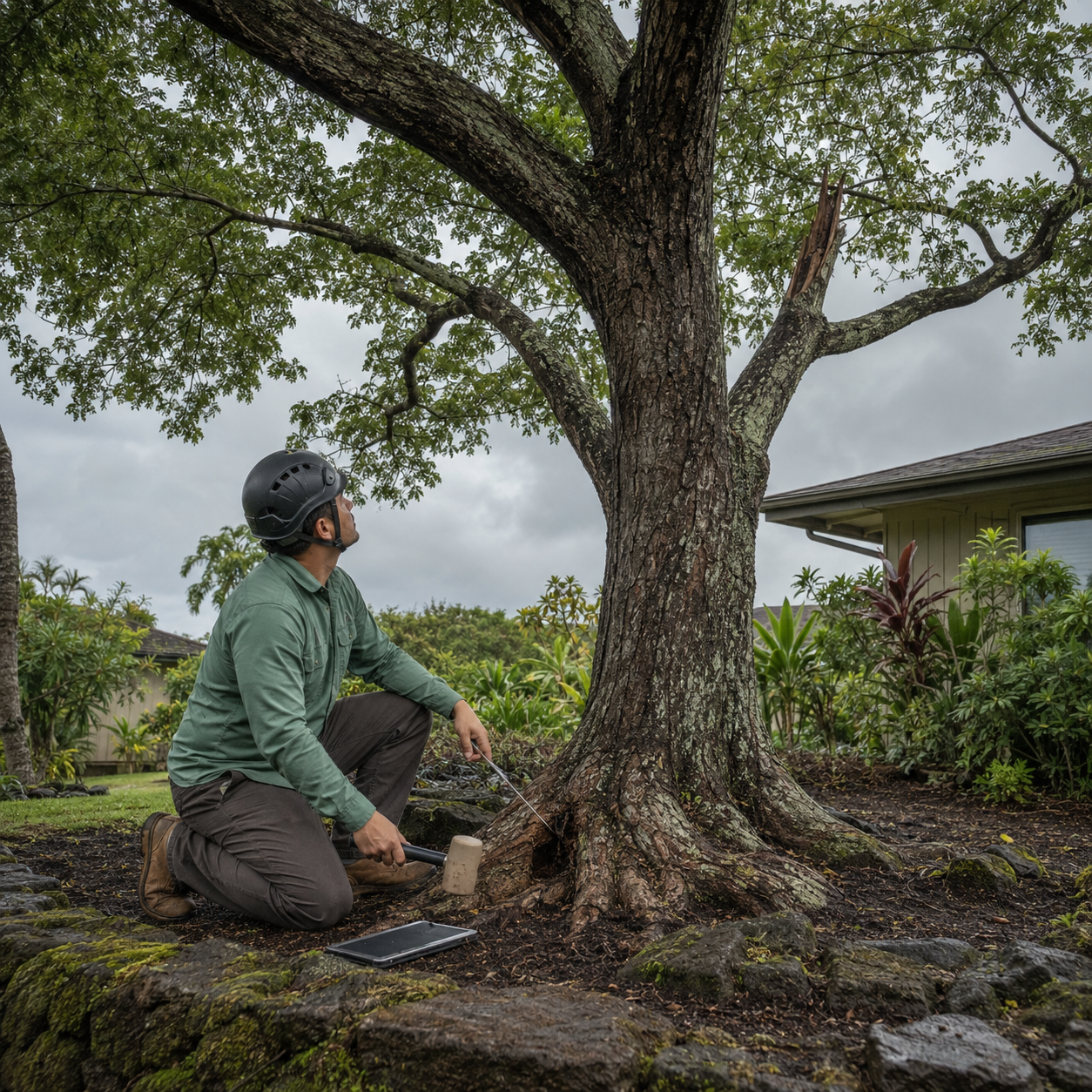 Arborist inspects the root flare and canopy of a mature koa tree on an Oahu property.