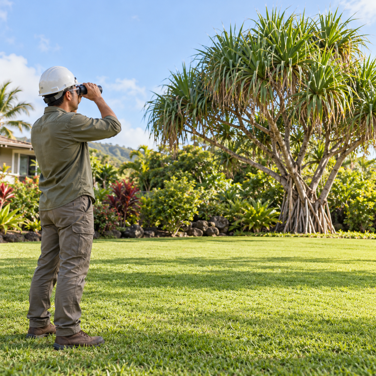 Arborist wearing a helmet uses binoculars to inspect a hala tree from across an open lawn.