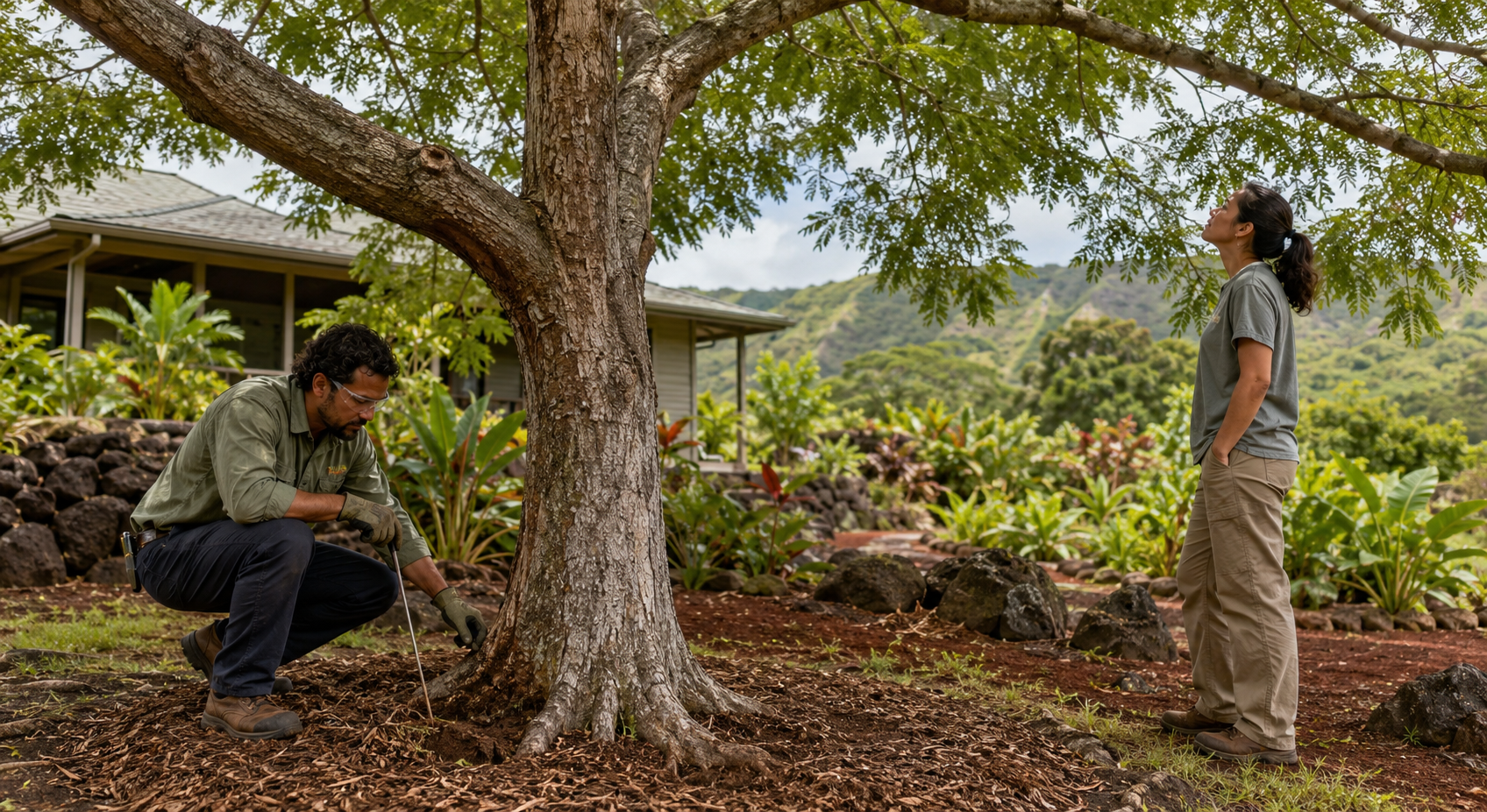 Arborist inspects a koa tree’s root zone as an Oahu homeowner studies the canopy.