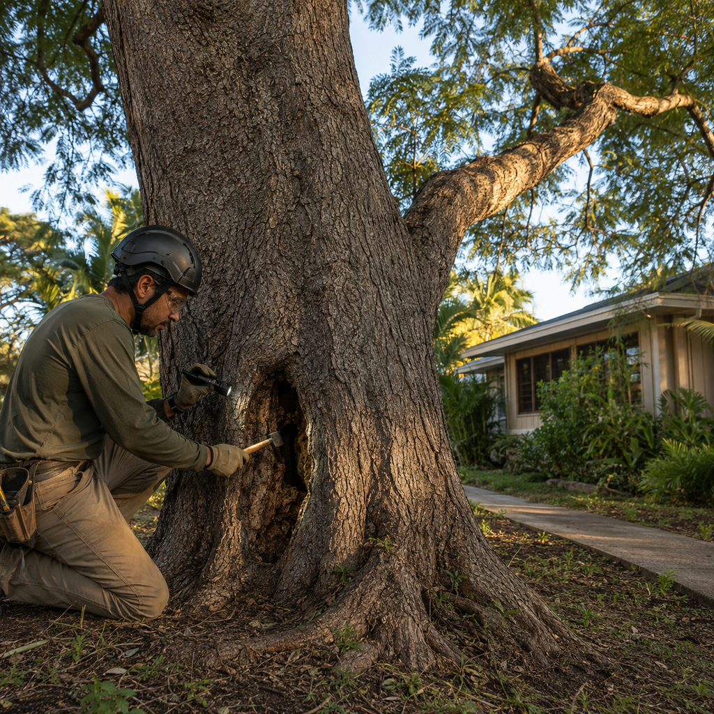 An arborist assesses a koa trunk cavity near an Oahu home for structural risk.