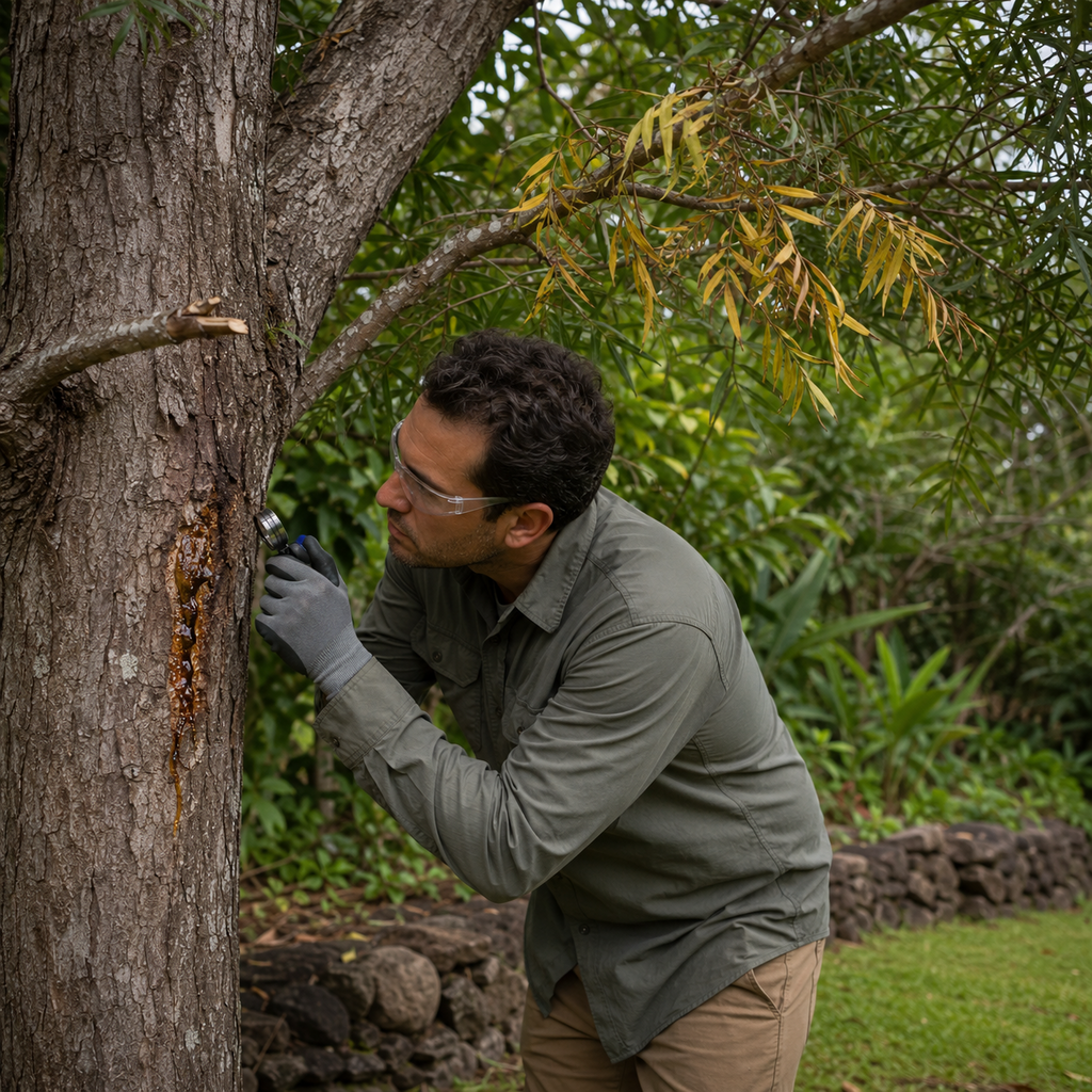 Arborist inspects yellowing koa foliage and sap symptoms on an Oahu tree.