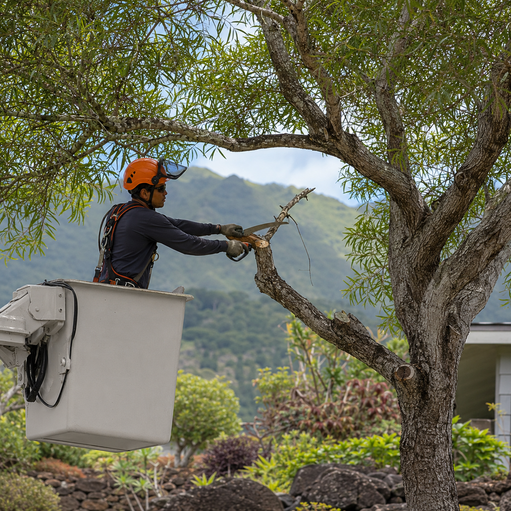 Arborist performs limited structural pruning on a mature koa tree in Oahu.