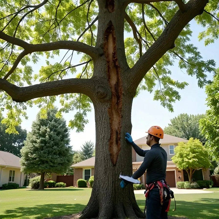 Oahu arborist inspecting damaged backyard tree