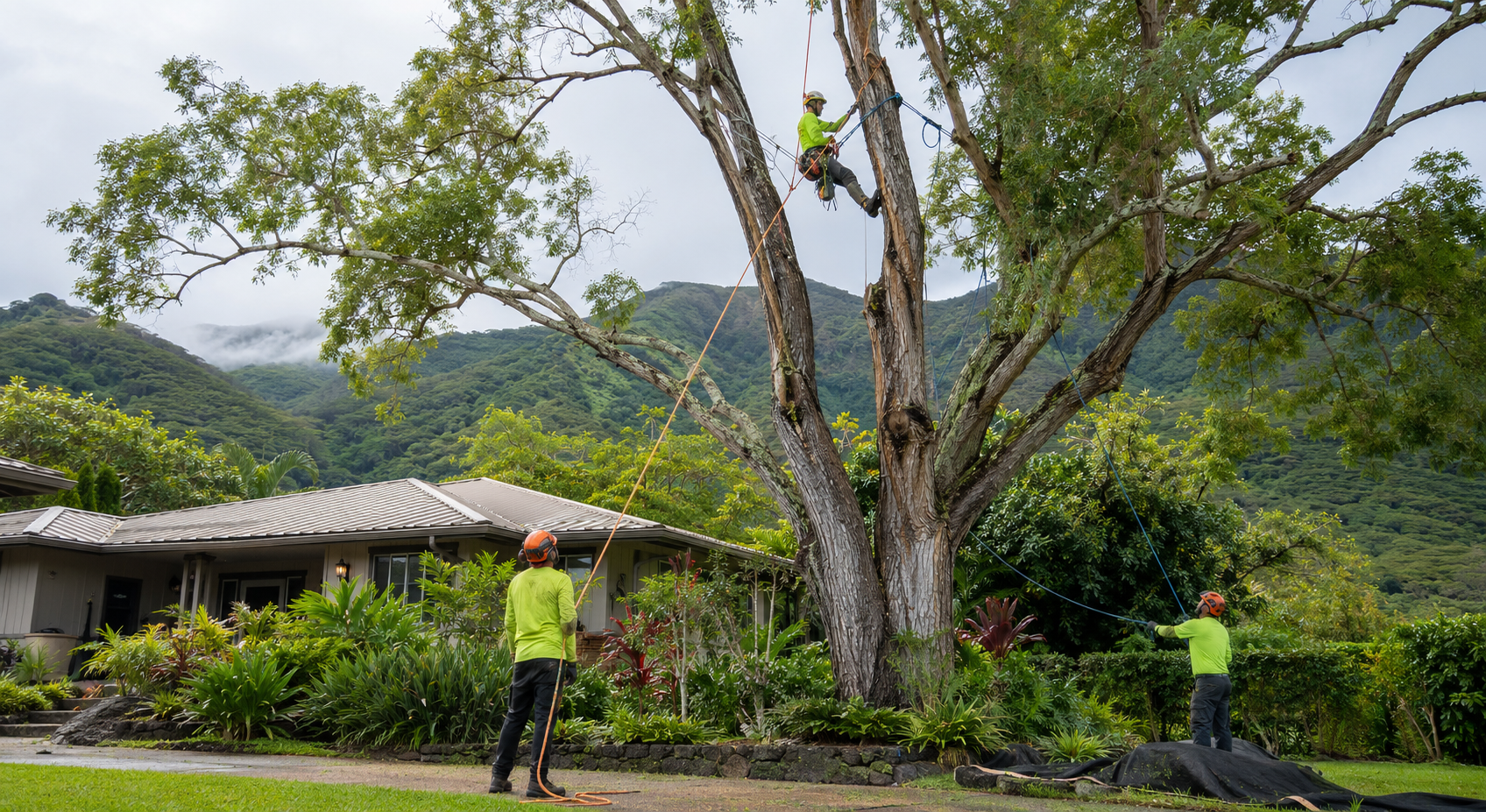 Arborist crew prepares ropes around a mature koa tree beside an Oahu home.