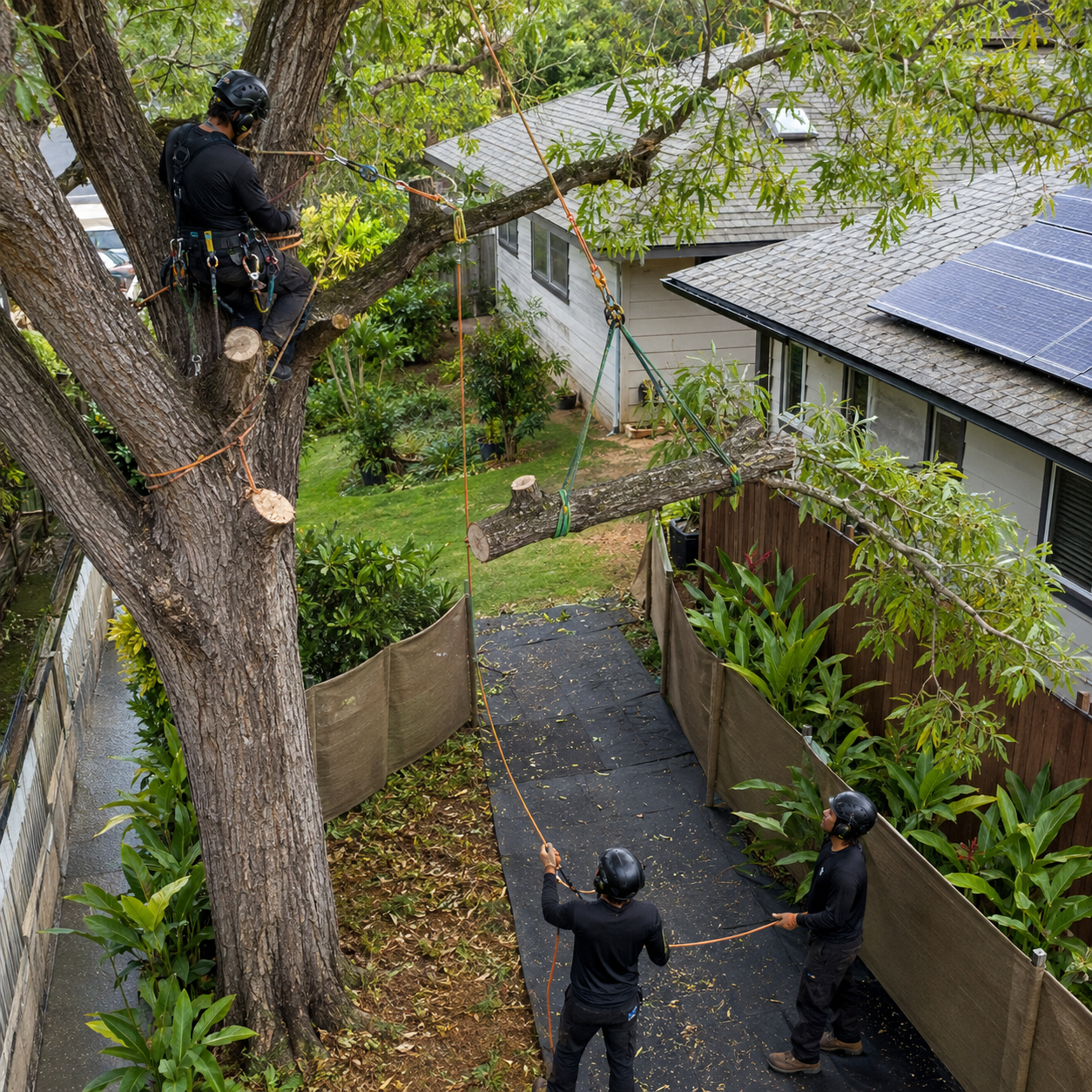 Arborists lower a rigged koa branch through a narrow Oahu yard beside a roof and solar panels.