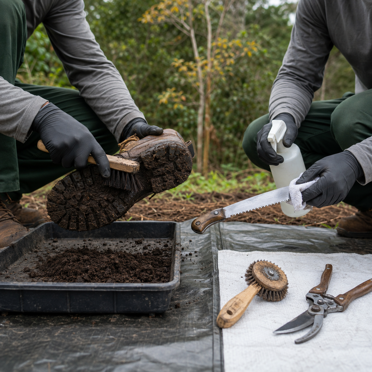 Tree workers brush soil from boots and disinfect pruning tools to reduce koa wilt contamination.