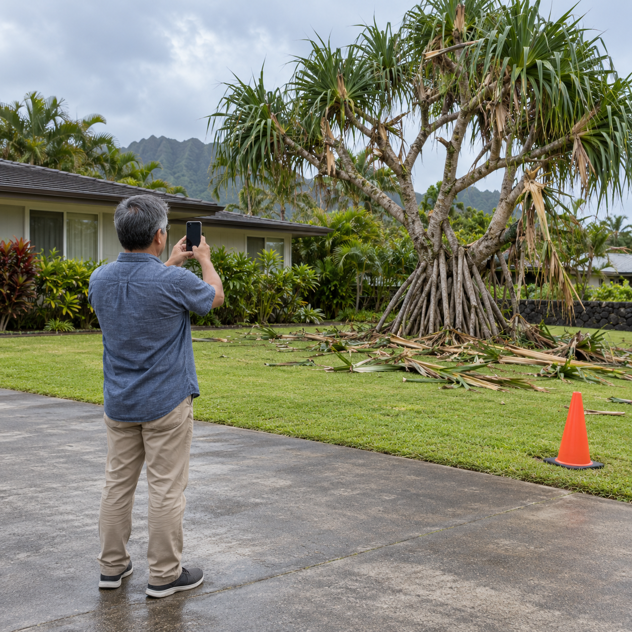 A homeowner photographs a storm-affected hala from the driveway, with fallen leaves visible across the lawn.