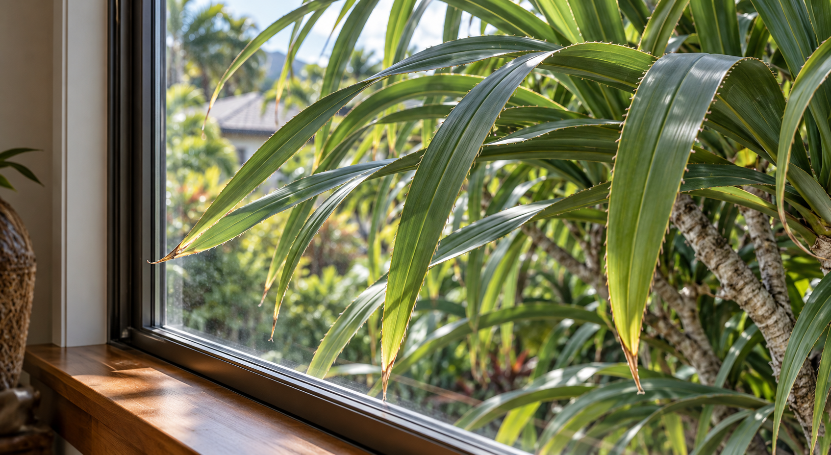 Hala leaves crowd a home’s window, viewed from inside across a wooden sill.